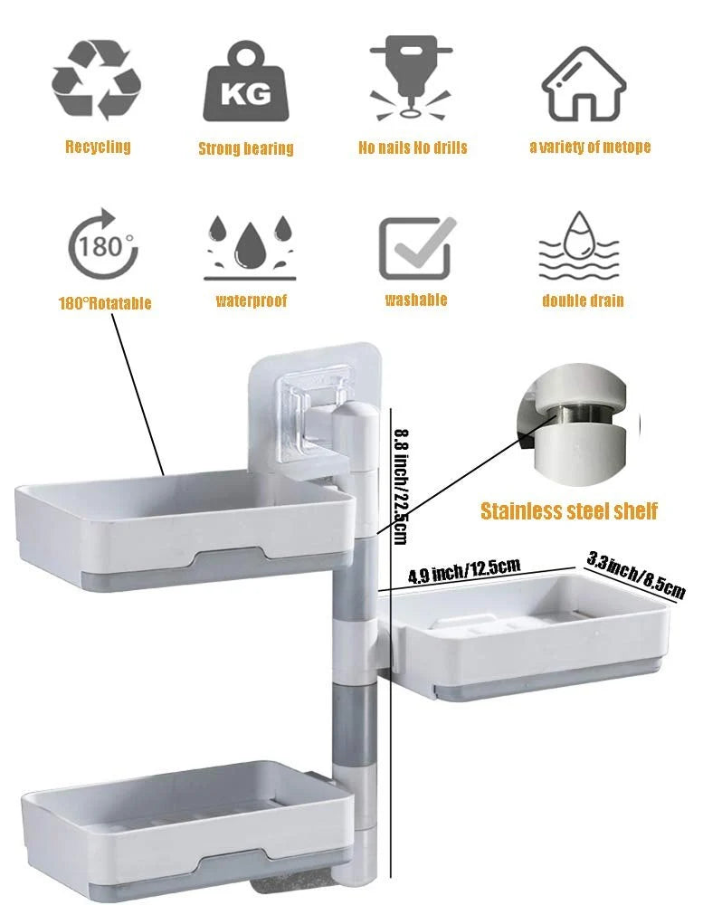 3 Layer Soap Holder Bathroom Shower and Kitchen Wall Mounted Rotatable Soap Holder Saver Box